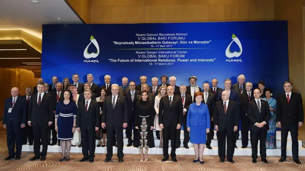 the official group photo of the v global baku forum — heads of state, ministers and delegates on stage