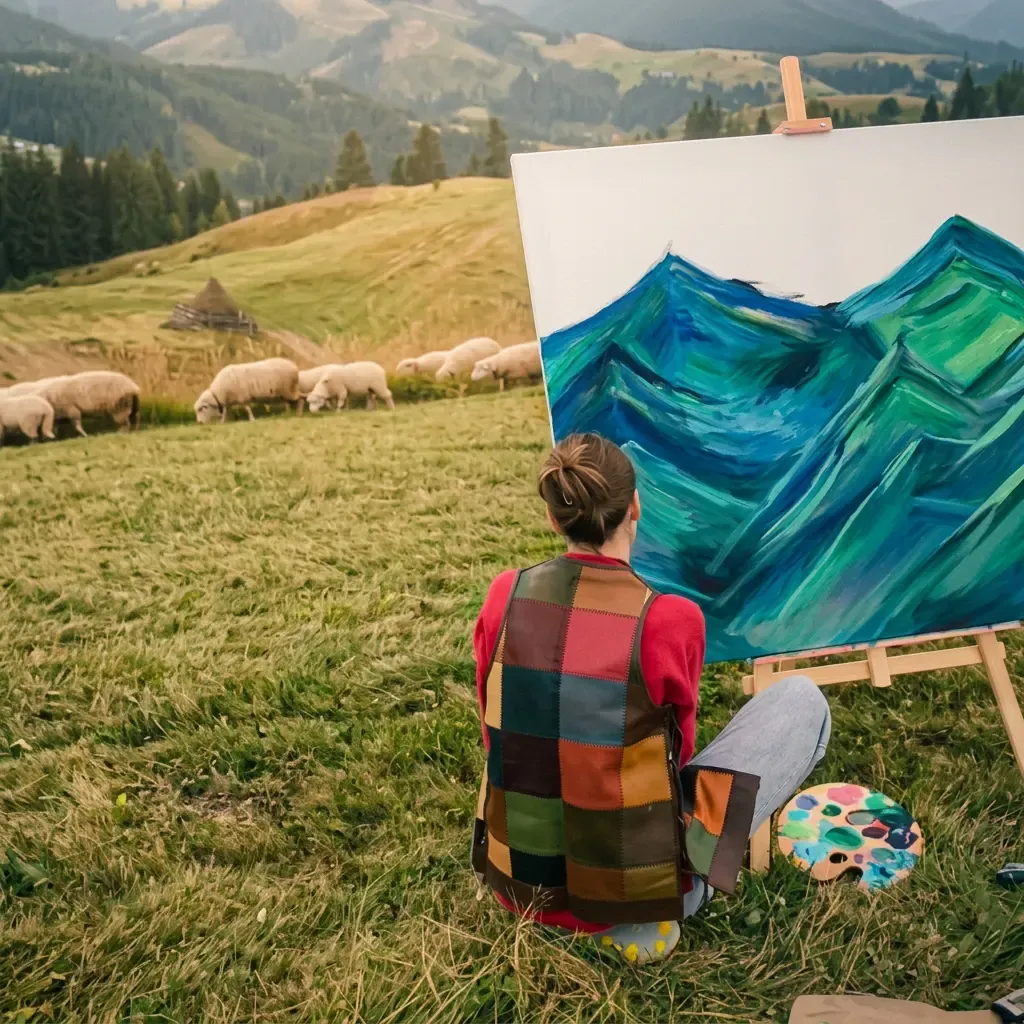 painting a mountain landscape on an easel, sheep grazing in the field below