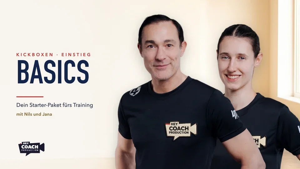 Cover Kickboxen Basics mit Nils und Jana, heller Raum, Titel links
