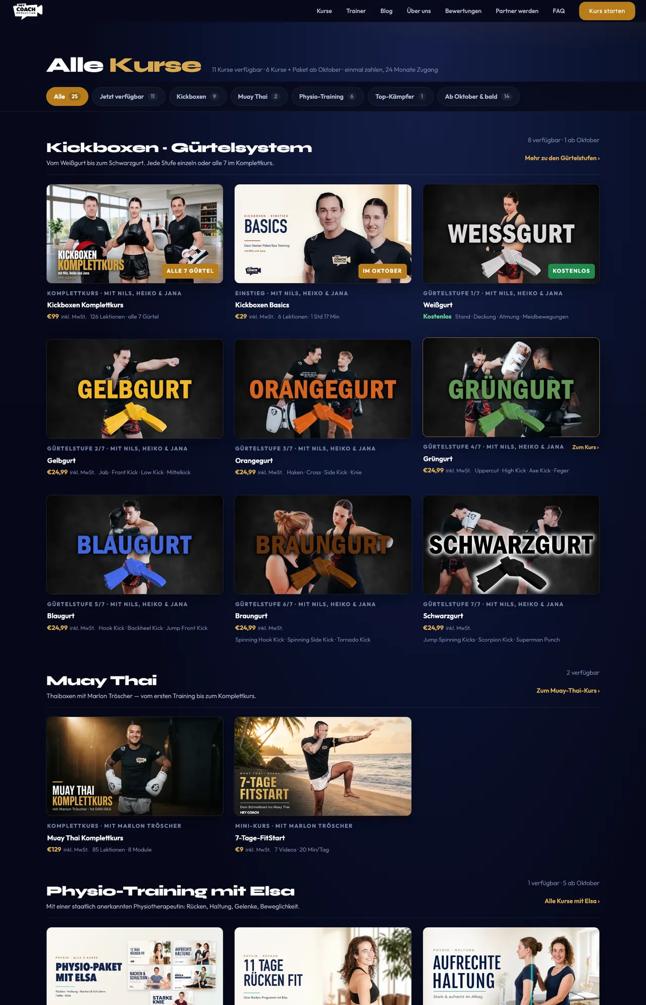Der Katalog auf heycoachproduction.de/kurse: oben die Filter, darunter Reihen mit Kurs-Covern — Kickboxen-Gürtelsystem, Muay Thai und Physio-Training mit Elsa, mit Preisen und Lektionen