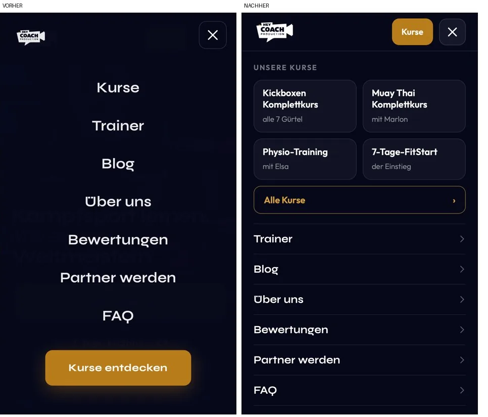 Menü von heycoachproduction.de auf dem iPhone, vorher und nachher: links eine Liste ohne Kurs-Knopf, rechts Header mit Kurs-Knopf, vier Kurs-Kacheln und eine Liste mit Linien