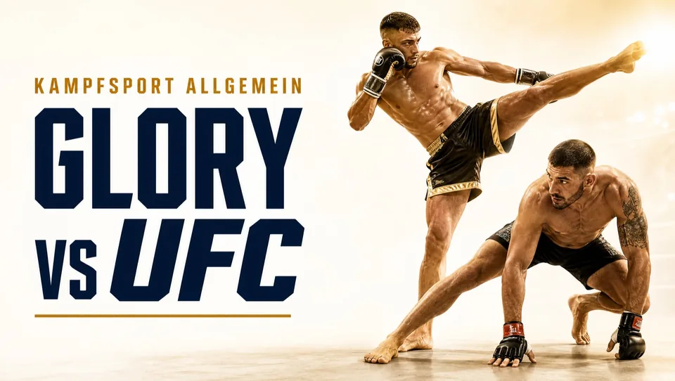 Poster zum Artikel GLORY vs UFC: zwei Kämpfer, einer im Kick, einer am Boden, auf hellem Grund — KI-generiert