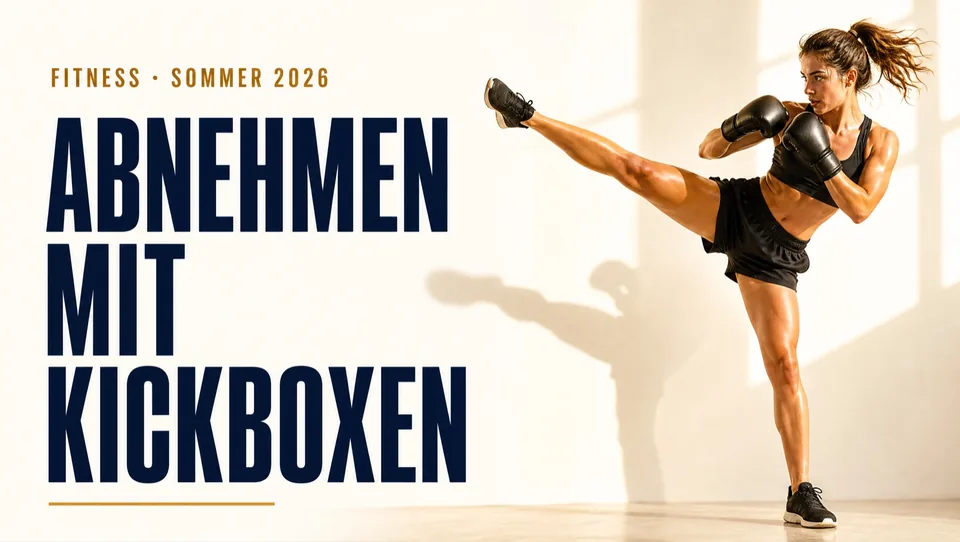 Poster zum Artikel Abnehmen mit Kickboxen: Sportlerin mit Seitkick im hellen Raum — KI-generiert