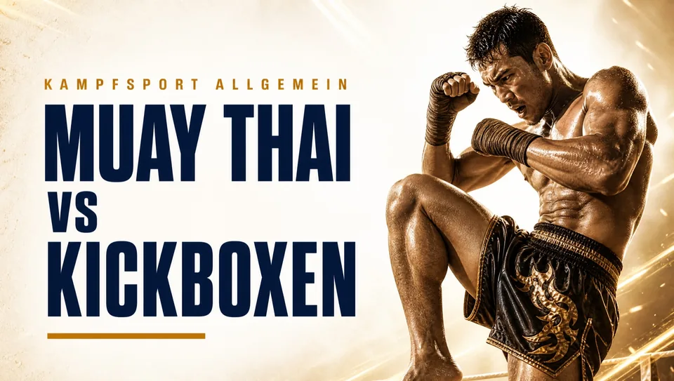 Poster zum Artikel Muay Thai vs Kickboxen: Kämpfer mit hochgezogenem Knie im goldenen Licht — KI-generiert