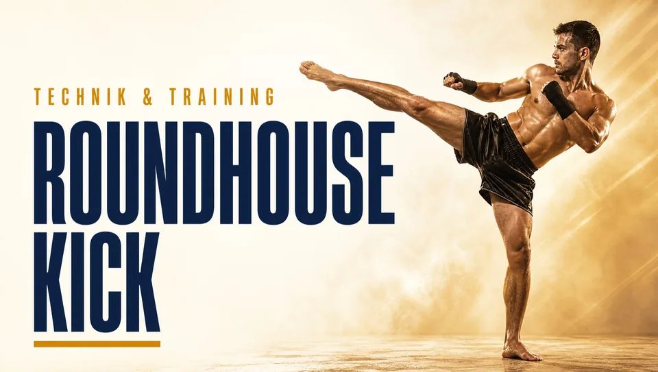 Poster zum Artikel Roundhouse Kick: Kämpfer im Halbkreistritt, goldener Dunst — KI-generiert