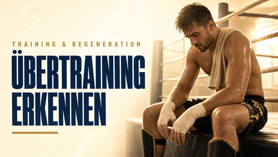 Poster zum Artikel Übertraining erkennen: erschöpfter Kämpfer mit Handtuch am Ring — KI-generiert