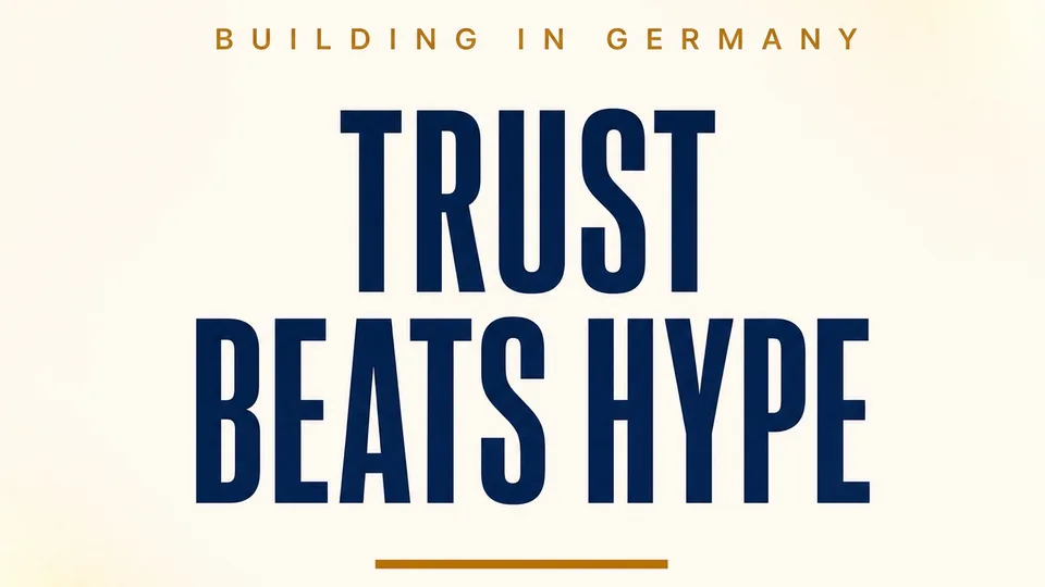 Zitat-Karte für LinkedIn: Building in Germany — Trust beats Hype, dunkelblaue Schrift auf Creme