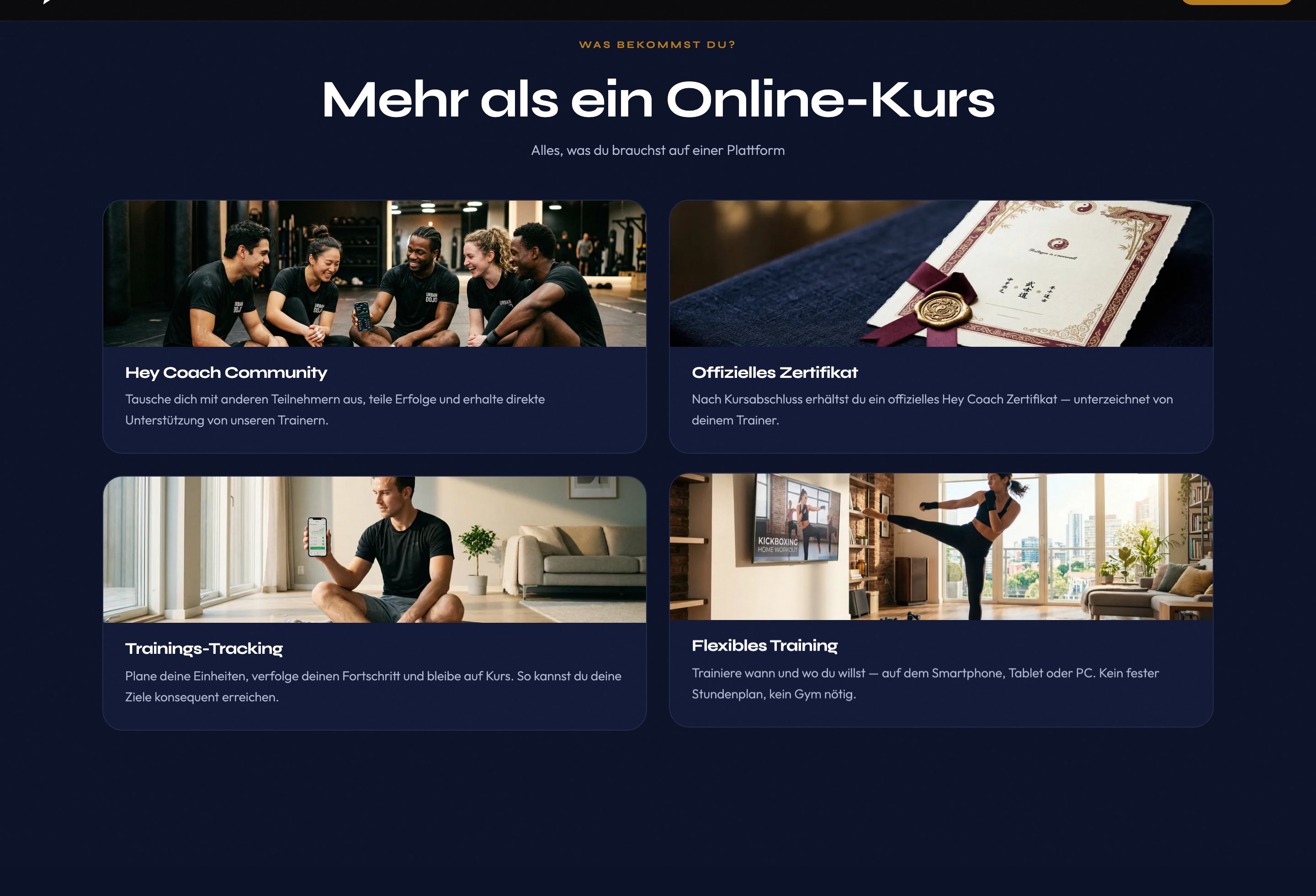 the 'mehr als ein online-kurs' section on heycoachproduction.de — community, certificate, training tracking, flexible training