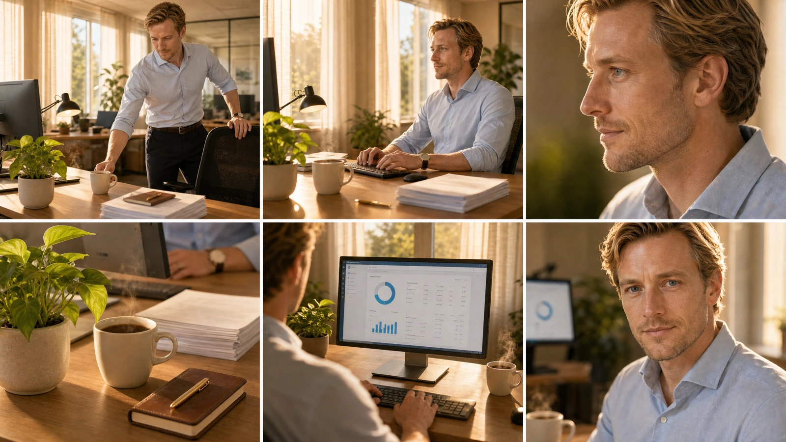 six-frame after sequence — the same office worker, now warm-lit, present and alive at his desk
