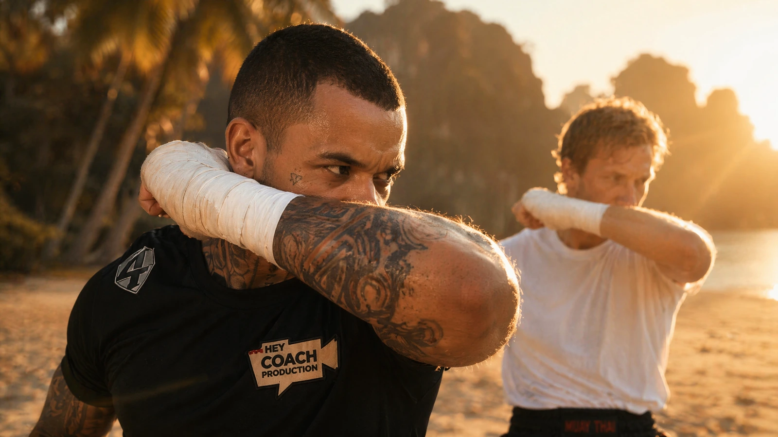 single-frame still — beach shadowbox at golden hour, tattooed fighter in hey coach kit