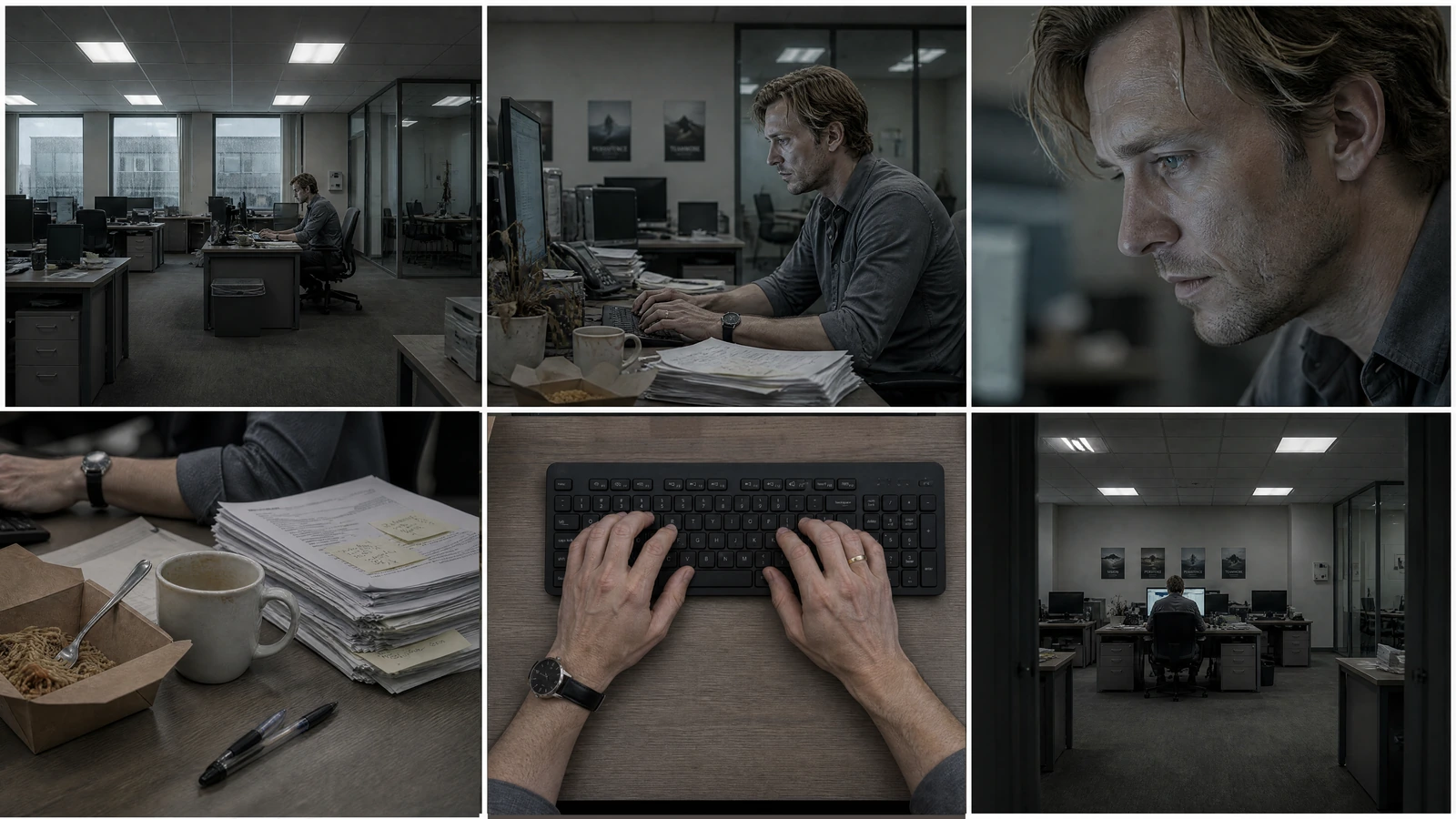 six-frame before sequence — the burnt-out office worker, cold light, slumped at the desk
