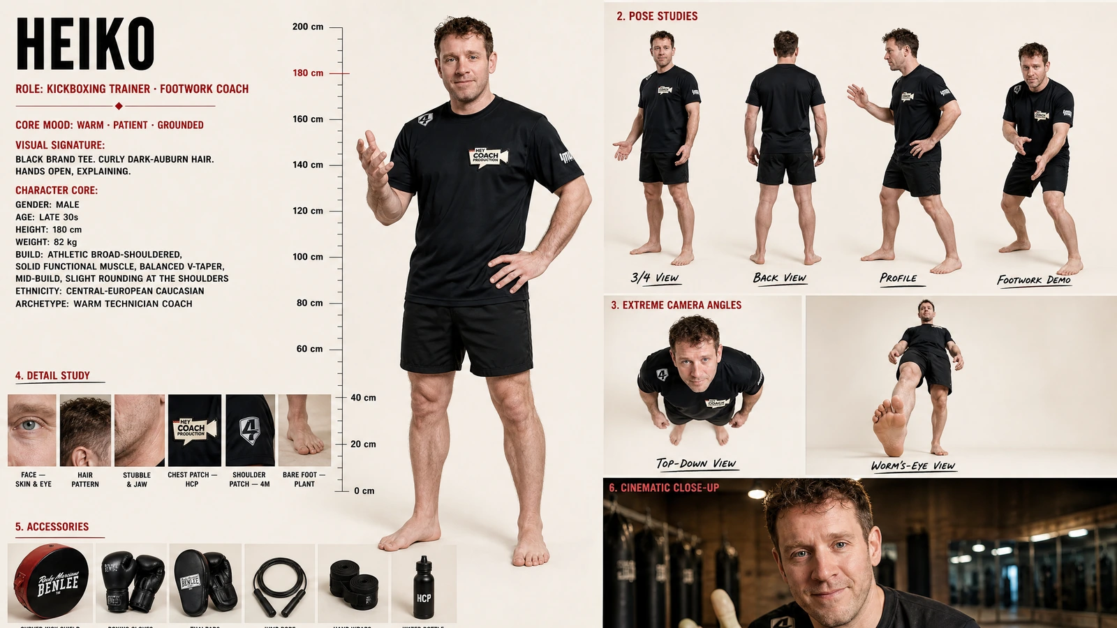 character bible — heiko, kickboxing footwork coach: turnaround, pose studies, accessories