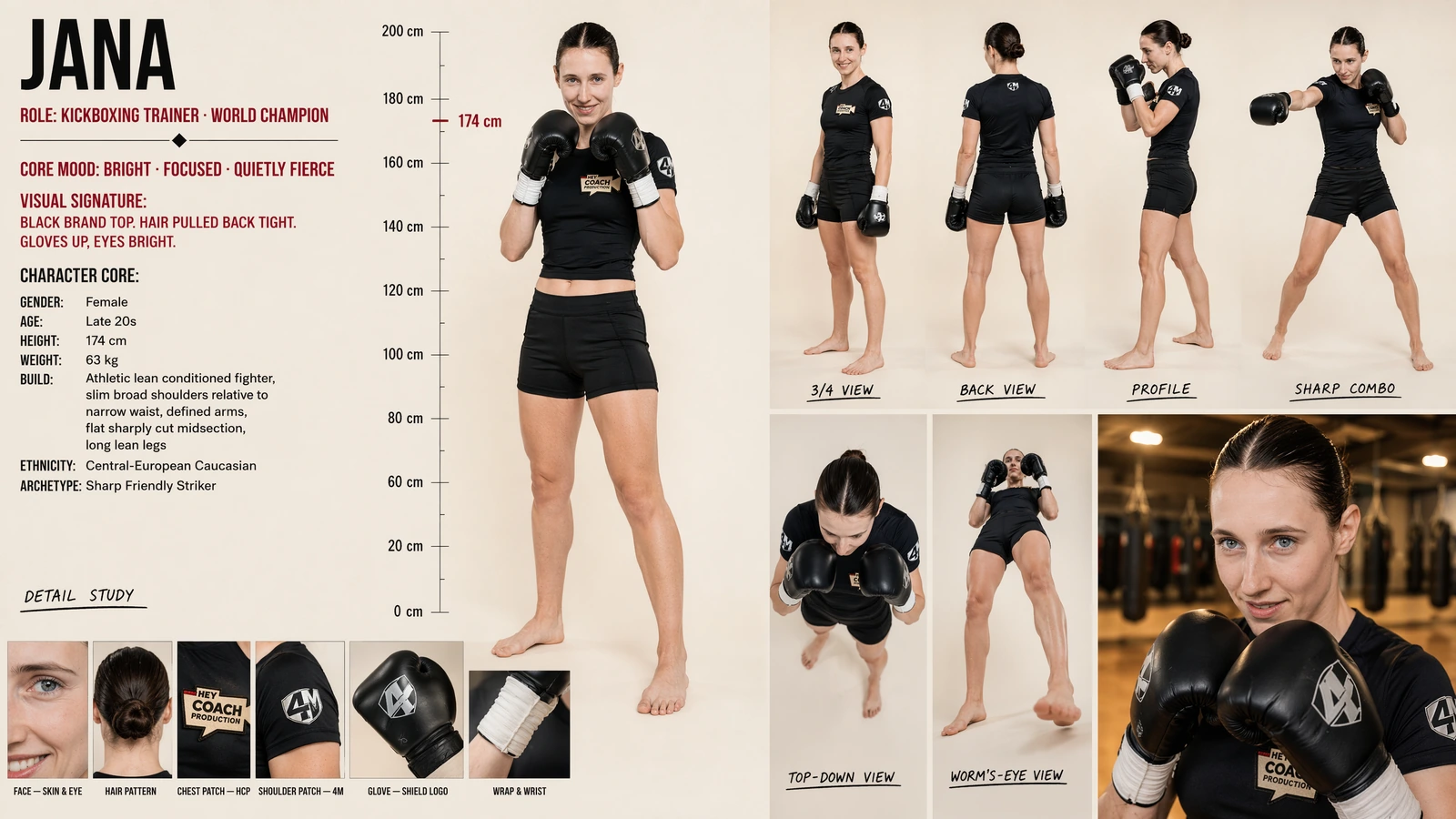 character bible — jana, kickboxing world champion: turnaround, poses, gloves, hey coach gear