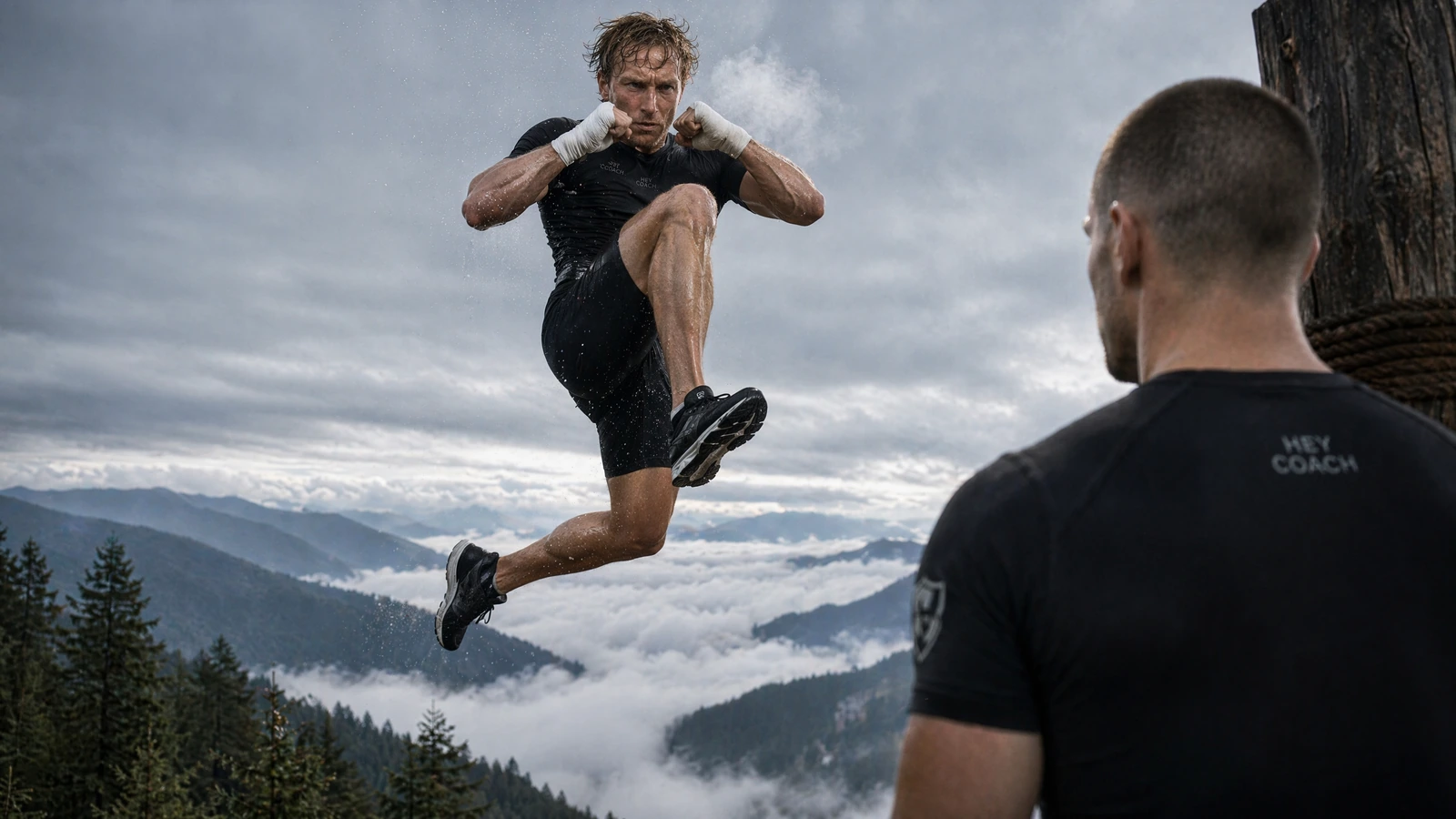 poster frame from the finished hey coach ad — the hero flying-kick on a misty mountain ridge