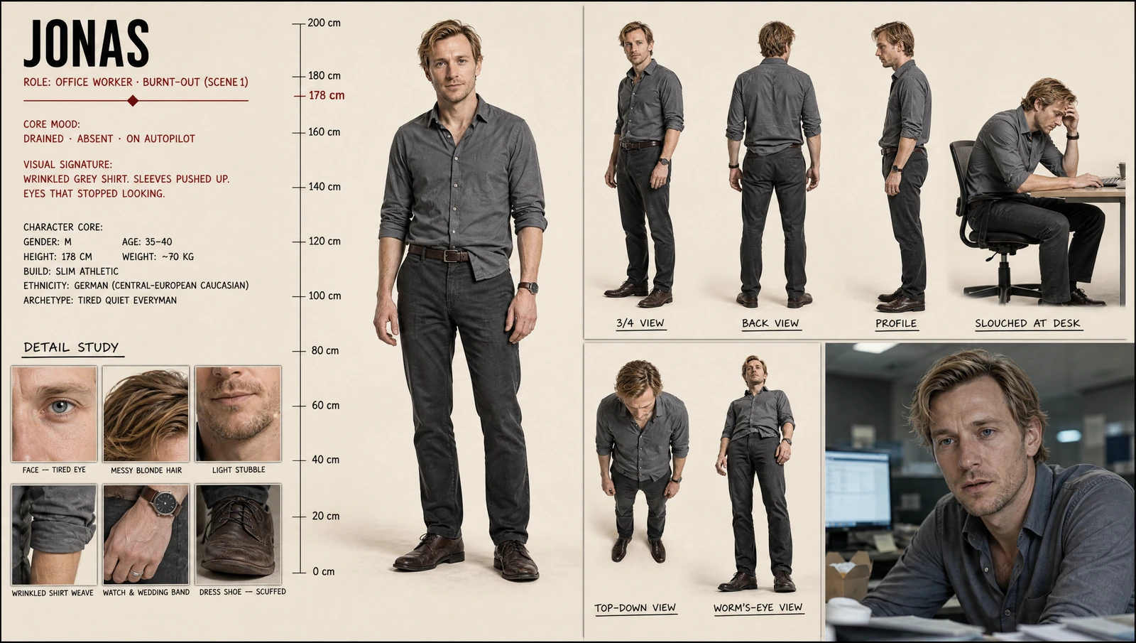 the lead's character card — office worker, burnt-out look, turnaround, height chart and detail study