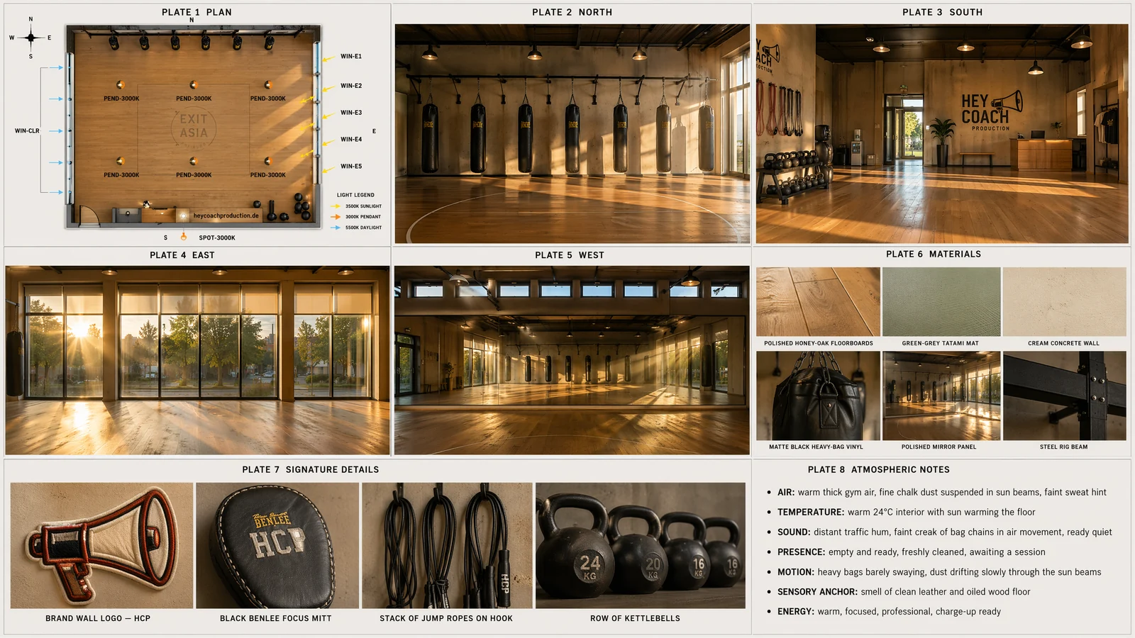 location bible — the hey coach gym: plan, four wall views, materials, atmosphere notes, branded wall