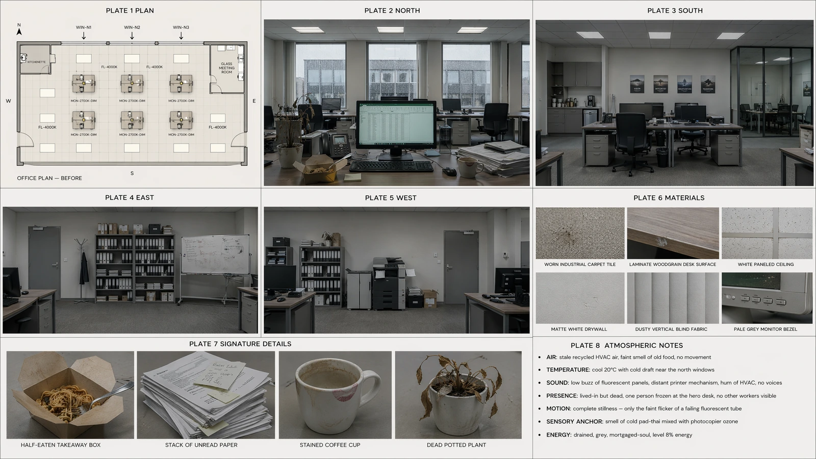 location bible — the office: plan, north/south/east/west views, materials and atmosphere notes