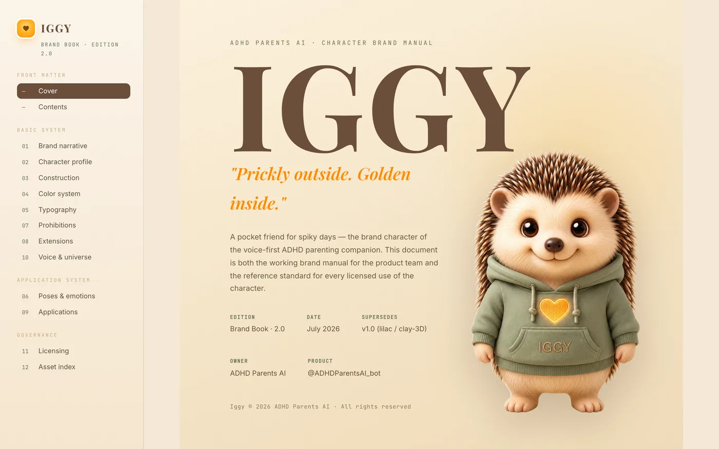 Titelseite des Iggy-Brandbooks: Schriftzug IGGY, Leitsatz „Prickly outside. Golden inside.“, links die Kapitelnavigation, rechts Iggy im Hoodie