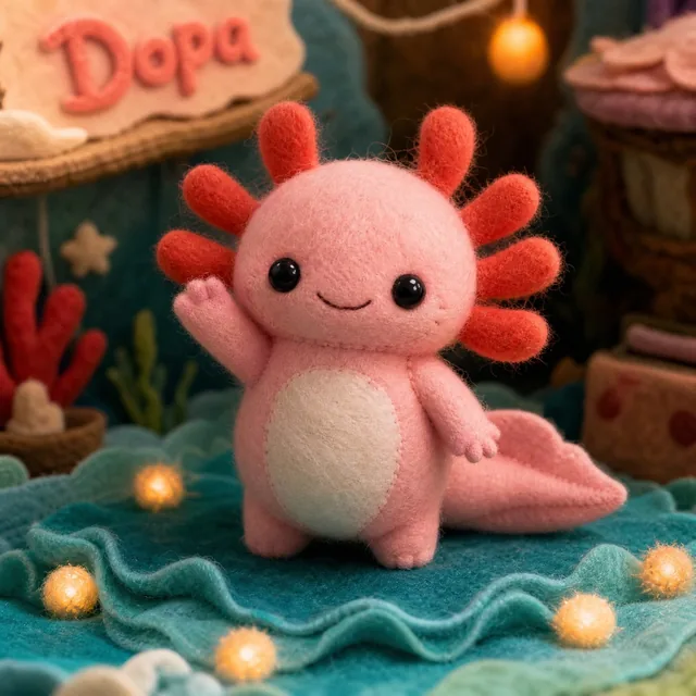 Verworfenes Konzept Dopa: rosa Axolotl aus Filz in einer Unterwasser-Kulisse