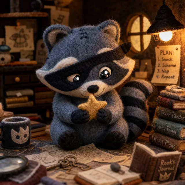 Verworfenes Konzept Rook: Waschbär aus Filz mit Augenmaske zwischen Büchern