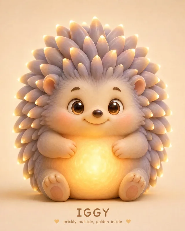 Stil-Versuch eins: mattes Clay-3D mit lila Stacheln und Licht im Bauch, Schriftzug IGGY