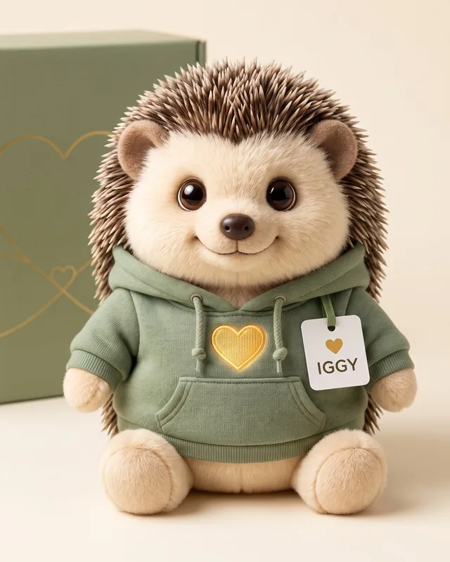 Stil-Versuch zwei: realistischer Plüsch-Igel im grünen Hoodie mit Etikett, neben einer Geschenkbox