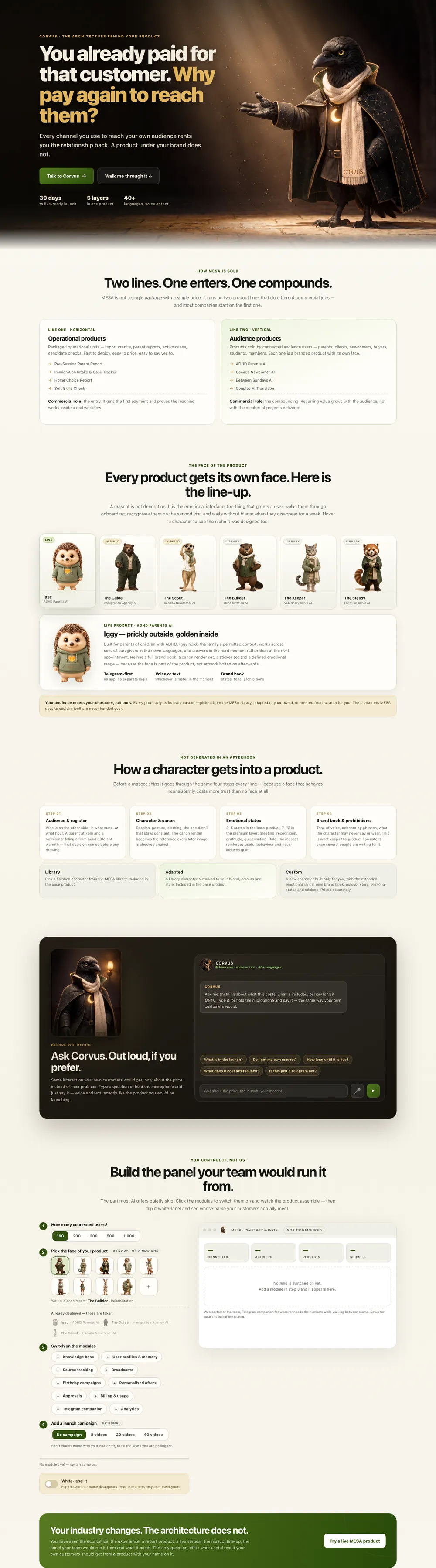 Die Website des Partners, Fassung 6, als durchgehender Screenshot: Hero mit dem Raben Corvus, zwei Produktlinien, die Line-up der Maskottchen mit Iggy als einzigem LIVE, vier Schritte zum Charakter, der Chat und das Admin-Panel
