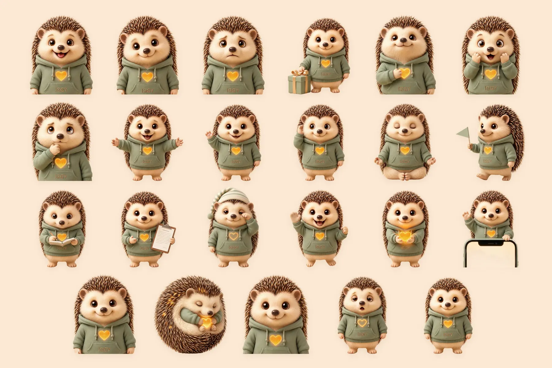 Alle 23 Telegram-Sticker von Iggy auf cremefarbenem Grund, von glücklich und ruhig über gute Nacht und gib fünf bis zur ganzen Figur