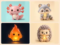 Vier von sechzehn Maskottchen-Konzepten im Clay-Stil: Axolotl Dopa, Waschbär Rook, Funke Momo und der Igel mit innerem Licht