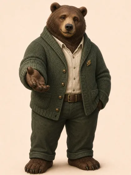ein bär in strickjacke mit offener hand