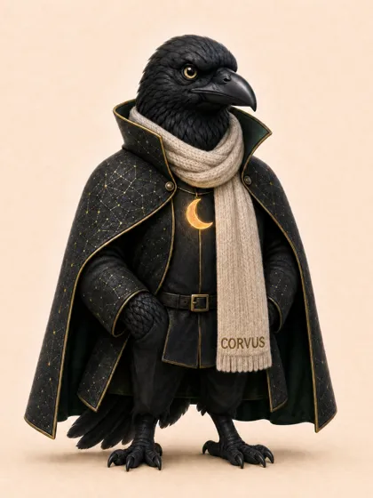 Corvus, ein rabe im dunklen umhang mit schal