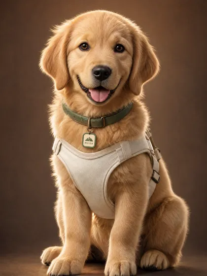 Lucky, ein golden retriever mit geschirr