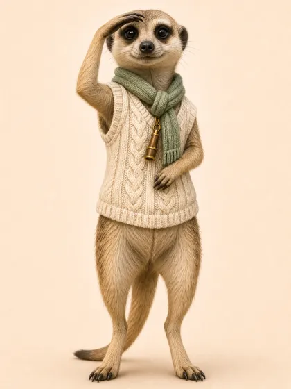 ein erdmännchen im strickpullover, das in die ferne schaut