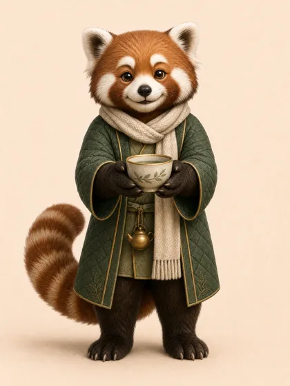 ein roter panda mit teeschale
