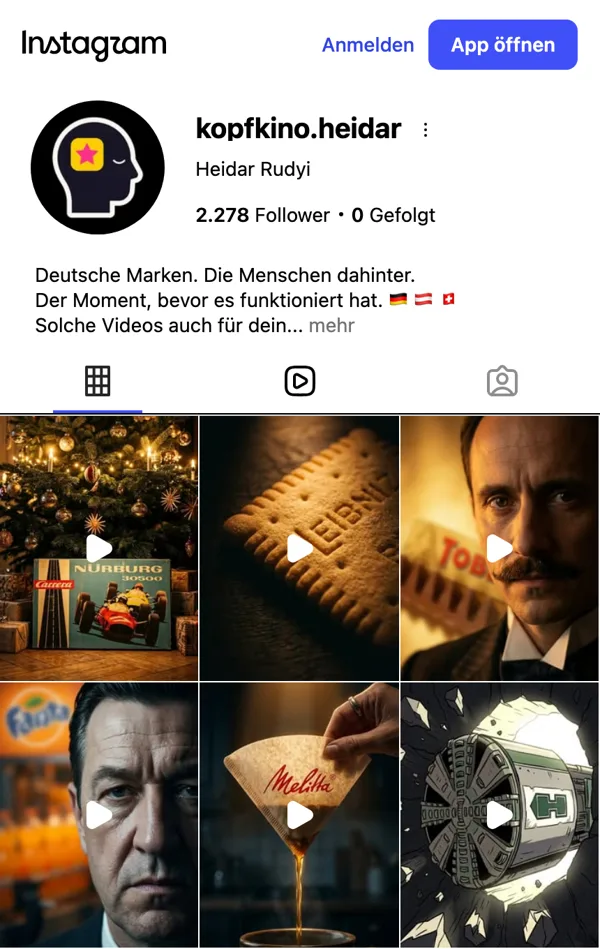 Instagram-profil kopfkino.heidar am 02.10.2026: 2.278 follower, raster der folgen über deutsche marken