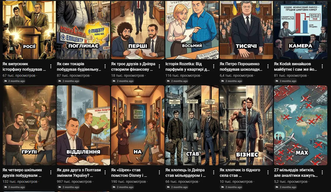 grid of ai-illustrated business-story thumbnails — nova poshta, rozetka, poroshenko, kodak and more
