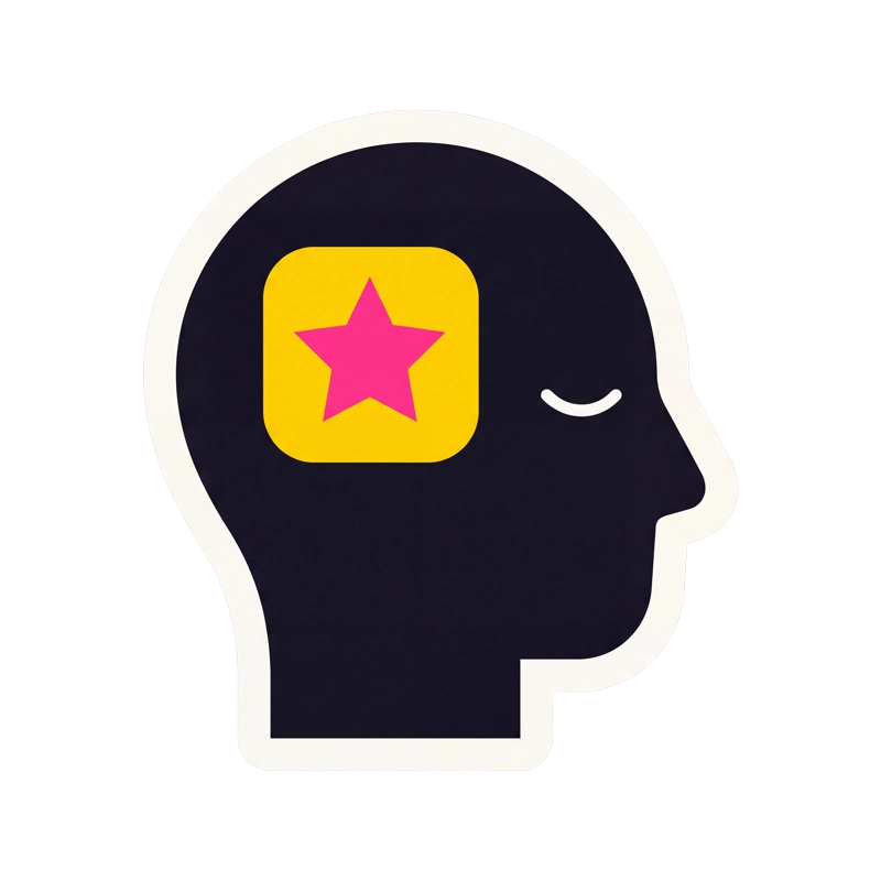kopfkino logo — navy head profile with a closed, smiling eye and a magenta-starred yellow patch