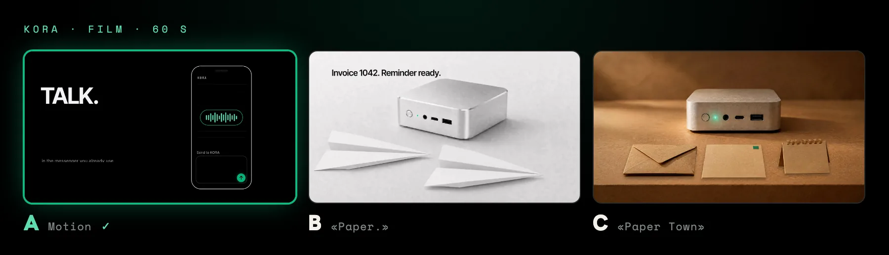 drei filmkonzepte nebeneinander: A motion mit einem messenger-telefon, B papierflieger neben dem Core, C der Core auf kraftpapier mit umschlag und karten — KI-generiert