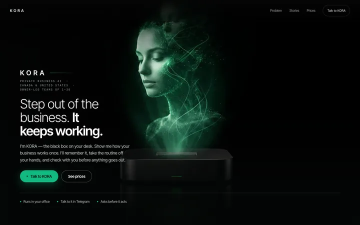 KORA-website v2: überschrift „Step out of the business. It keeps working.“ neben der lichtgestalt