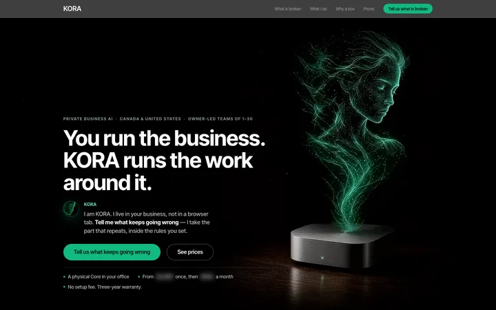 KORA-website v10: eine startseite, große überschrift, KORA über dem Core
