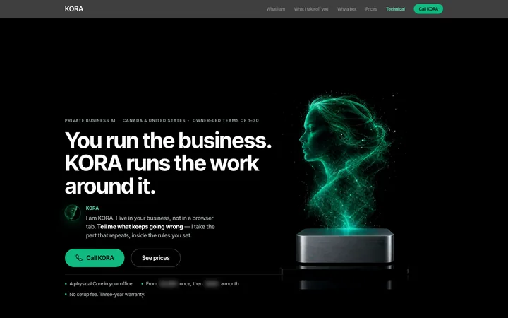 KORA-website v11: gleiche überschrift, KORA leuchtet über einem silbernen Core