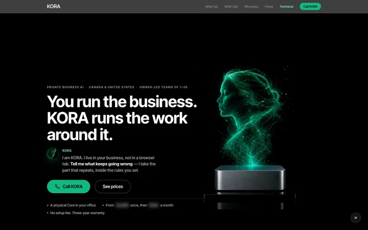 KORA-website v12: dieselbe hero-szene, darunter beginnt das messenger-fenster