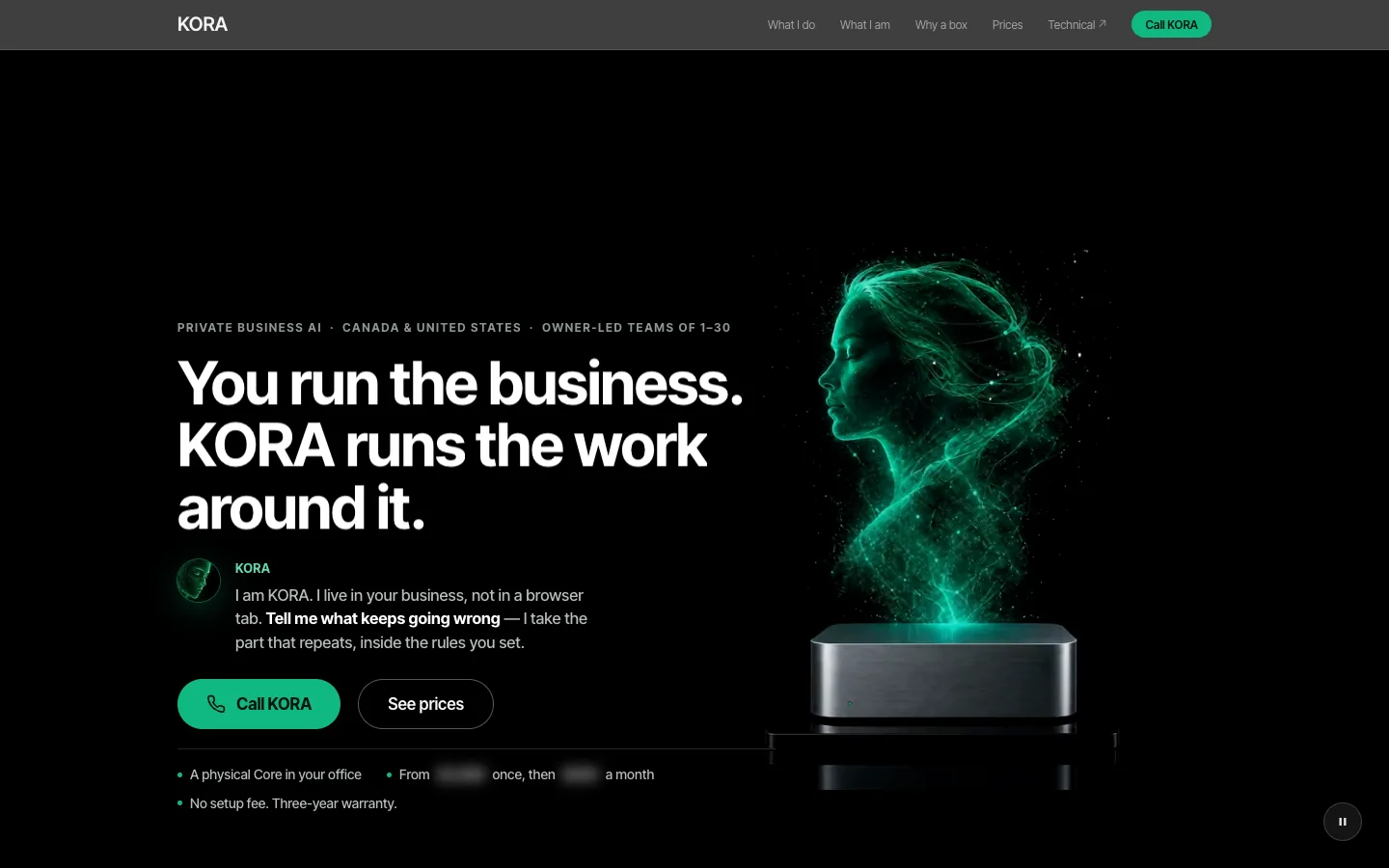 KORA-website v13, finale fassung: überschrift links, KORA über dem Core rechts, preise unkenntlich gemacht