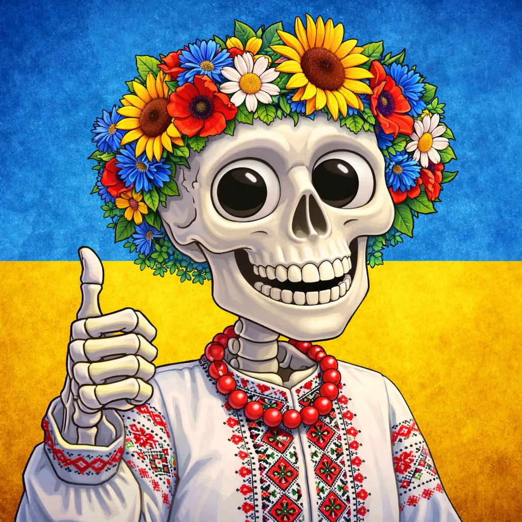the channel mascot — a skeleton in vyshyvanka and flower wreath