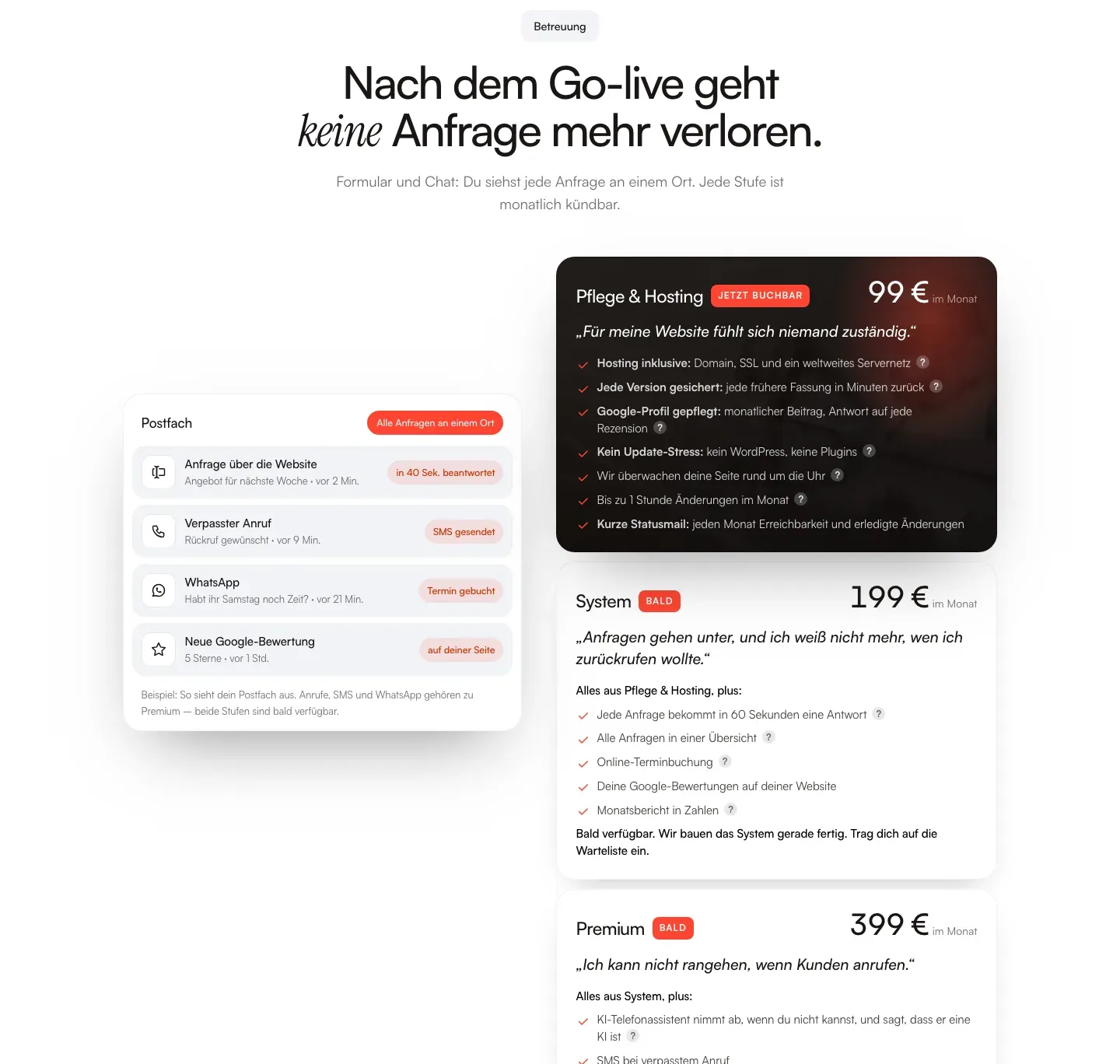 die betreuungssektion — postfach mit website-anfrage, verpasstem anruf und whatsapp neben den stufen 99, 199 und 399 € im monat
