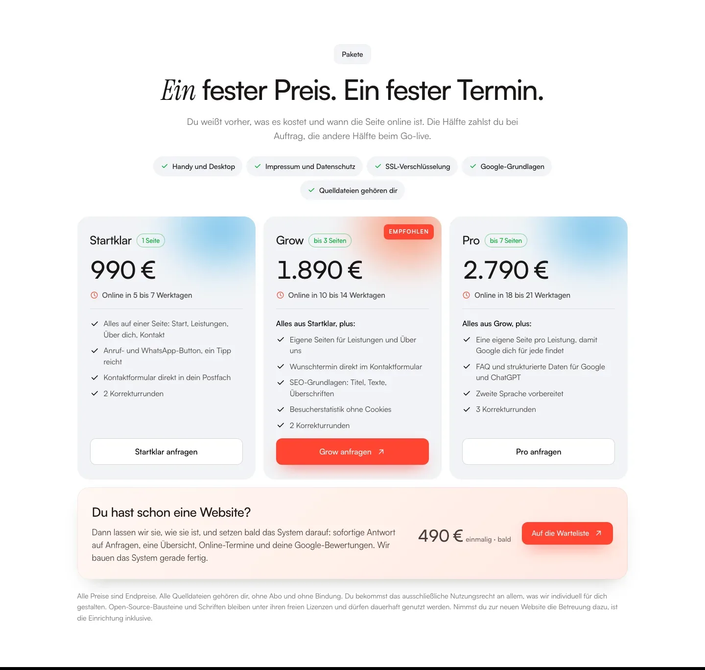 die paketsektion der neuen site — Startklar 990 €, Grow 1.890 €, Pro 2.790 € mit online-termin in werktagen