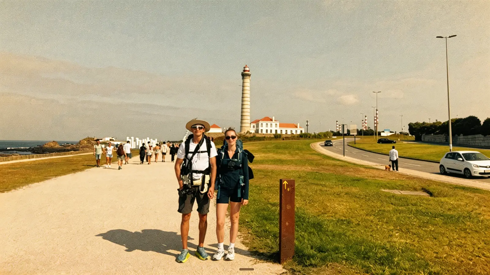 porto seafront, day one, backpacks still fresh, lighthouse behind
