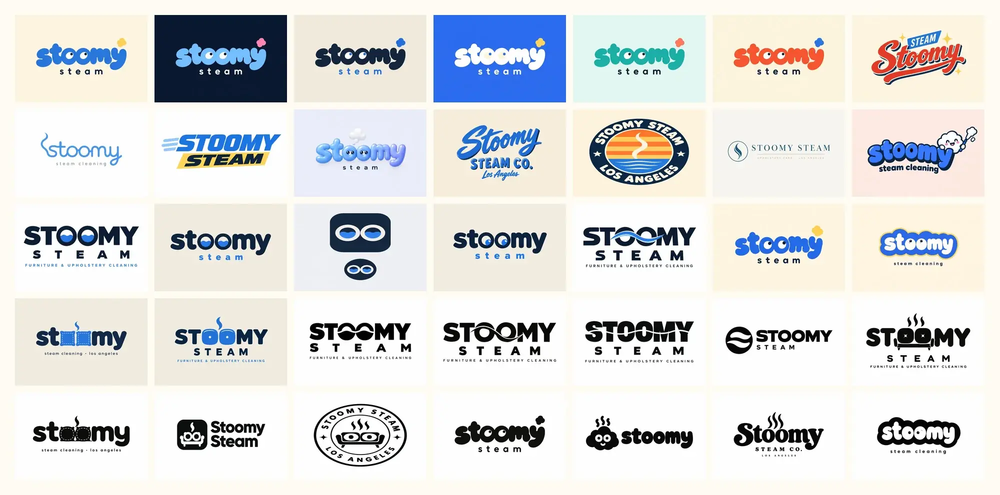 35 logo ideas in a grid: colourways, styles, black-and-white studies