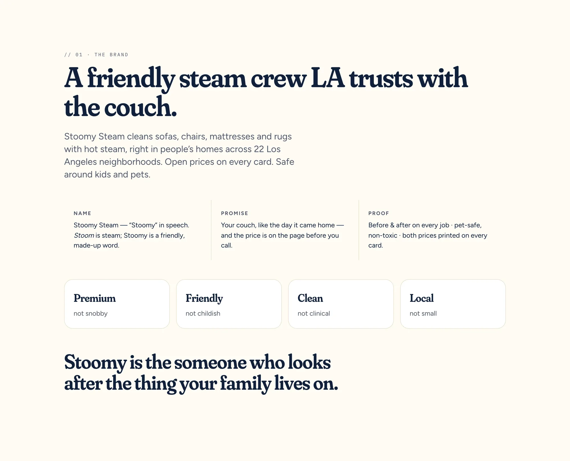 Brandbook chapter 01: “A friendly steam crew LA trusts with the couch.” with four tone pairs
