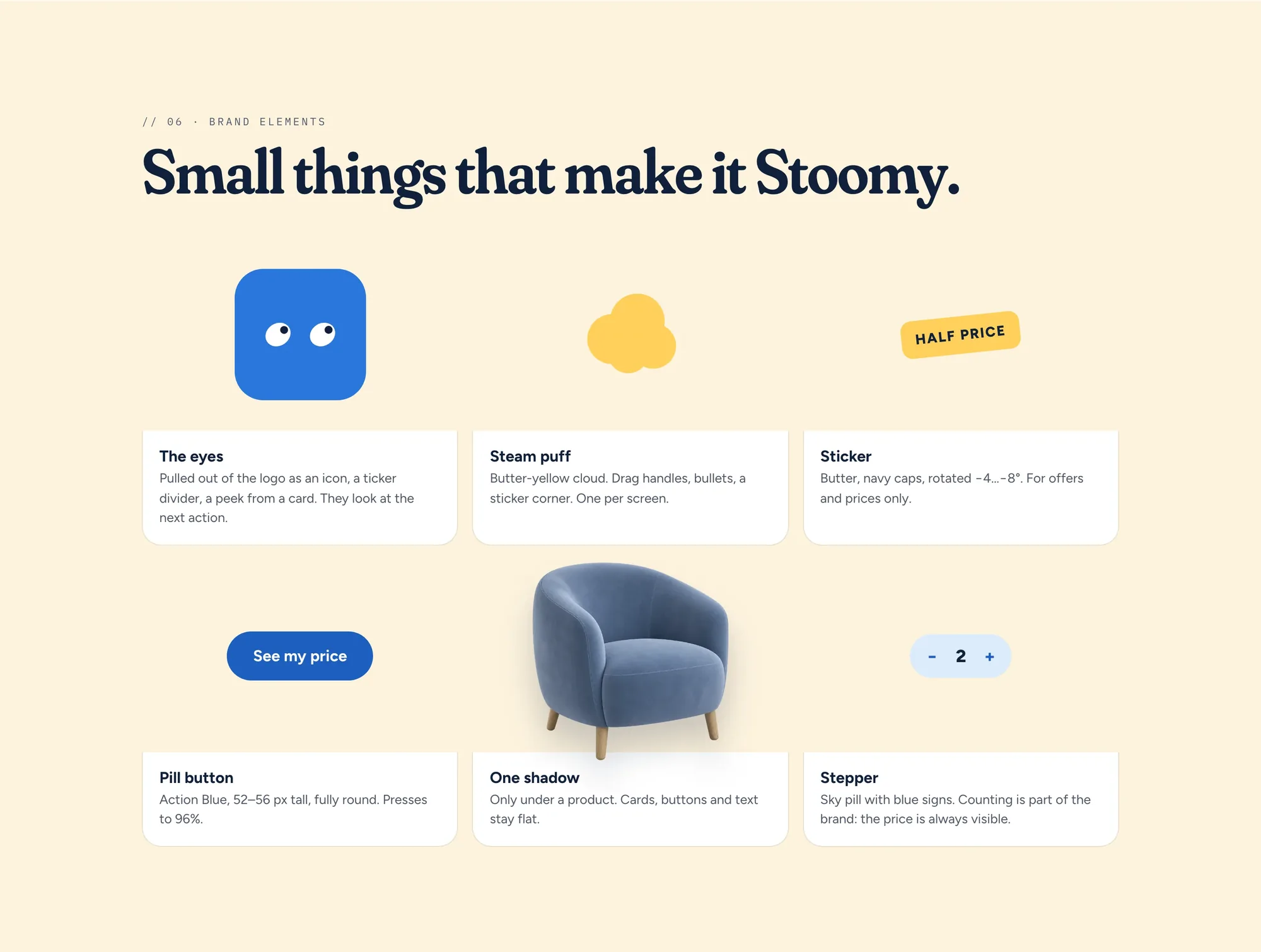 Brandbook chapter 06: eyes icon, steam puff, sticker, button, armchair with shadow, stepper